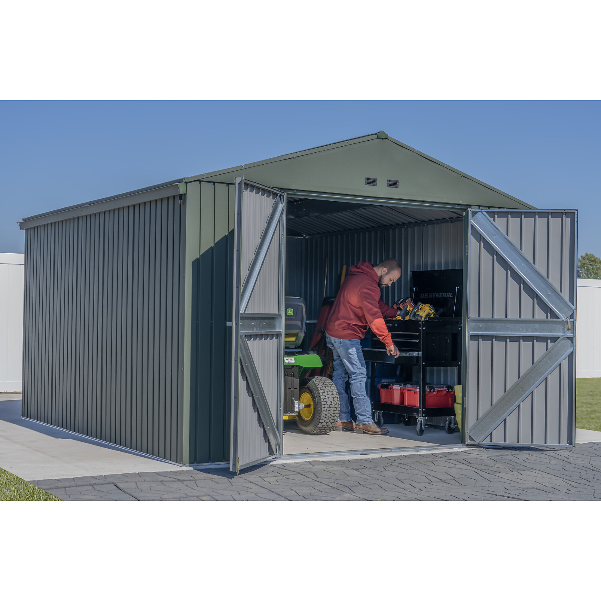 Arrow Storage Products, Scotts Lawn Care Storage Shed, 10x12, Green, Length 10 ft, Width 12 ft, Model# STTEG1012